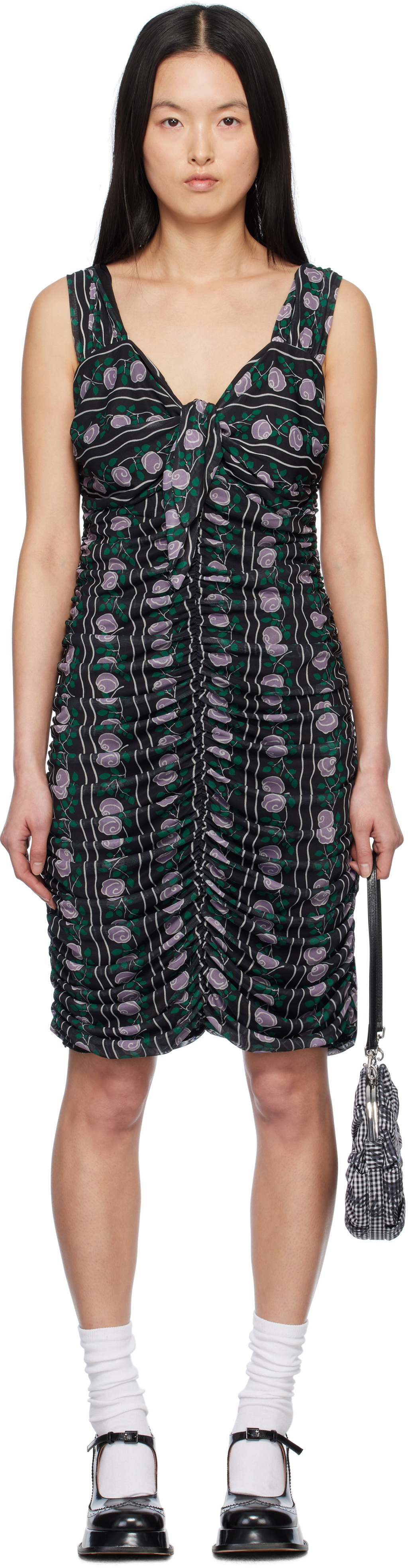 Anna Sui Black Rosetti Mesh Ruched Tie Midi Dress