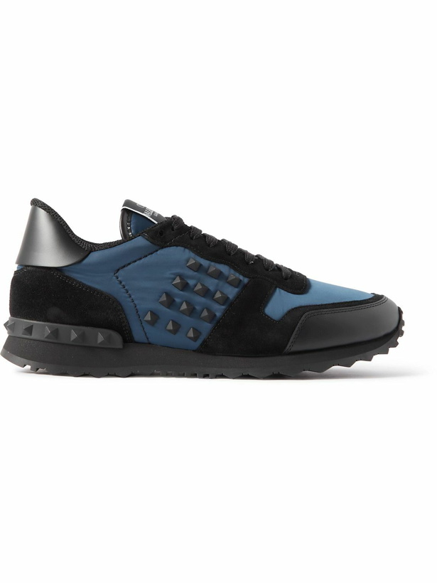 Photo: Valentino Garavani - Rockstud Leather, Suede and Shell Sneakers - Blue