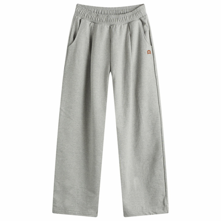Photo: DUNST Women's Unisex Leather Logo Wide Sweat Pants in Melange Grey