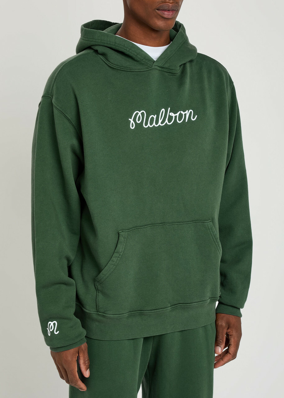 Malbon Fesque Embroidered Cotton Hooded Sweatshirt Green