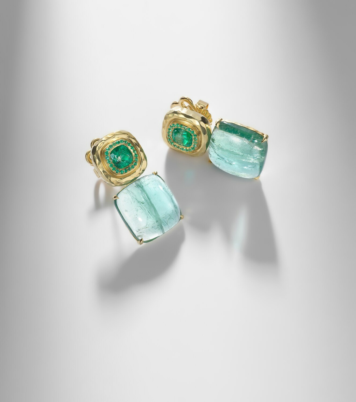 Octavia Elizabeth Double Orbit 18kt gold earrings with tourmaline and emeralds