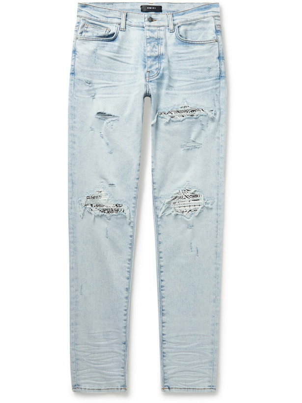 Photo: AMIRI - MX1 Skinny-Fit Bandana-Print Leather-Panelled Stretch-Denim Jeans - Blue - UK/US 34