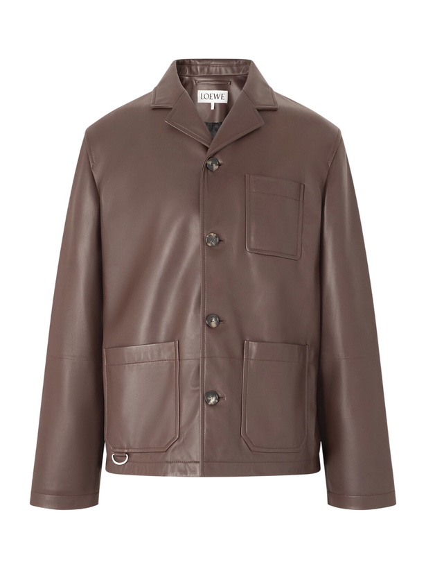 Photo: LOEWE - Camp-Collar Logo-Debossed Leather Jacket - Brown