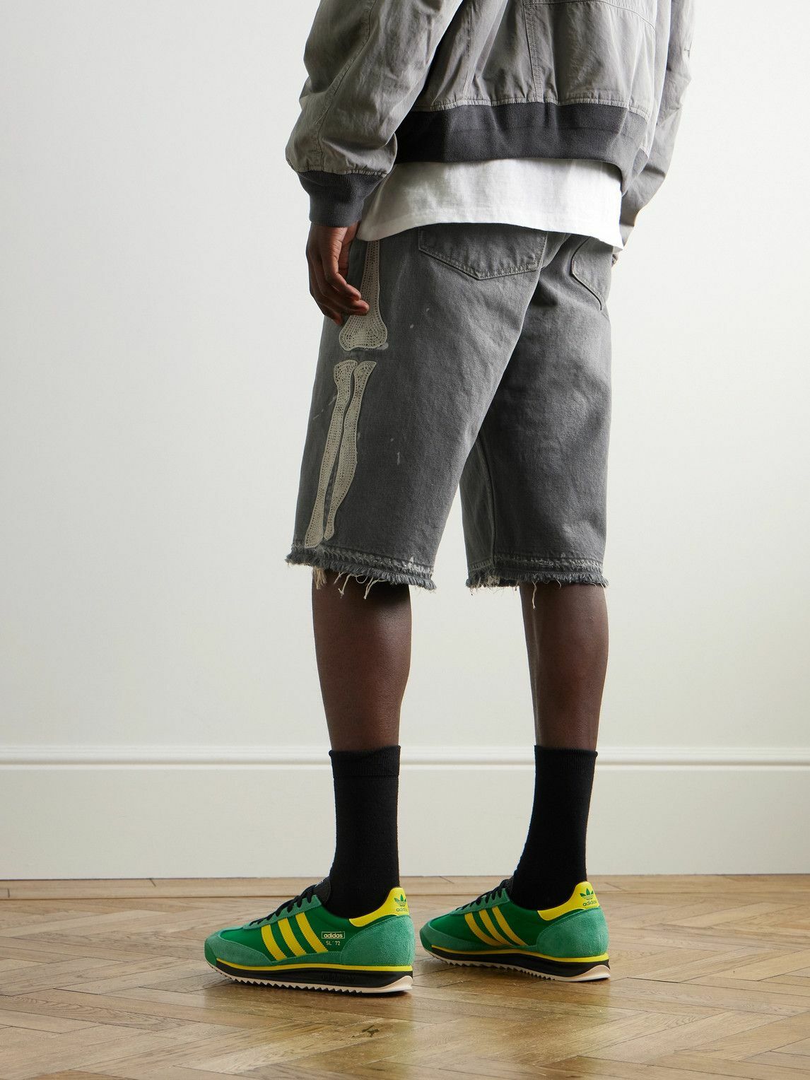 KAPITAL - Wide-Leg Appliquéd Distressed Denim Shorts - Gray
