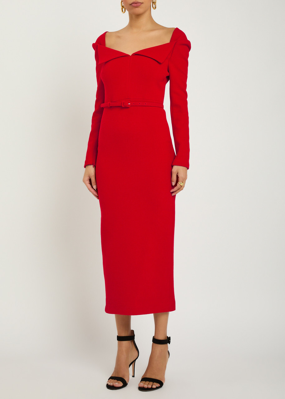 Roland Mouret Belted Wool Midi Dress Red
