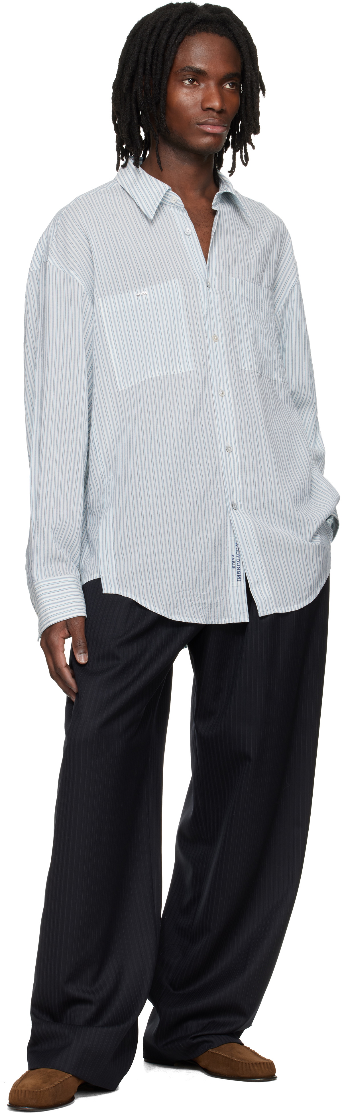 WOOYOUNGMI Navy Wool Stripe Wide Trousers