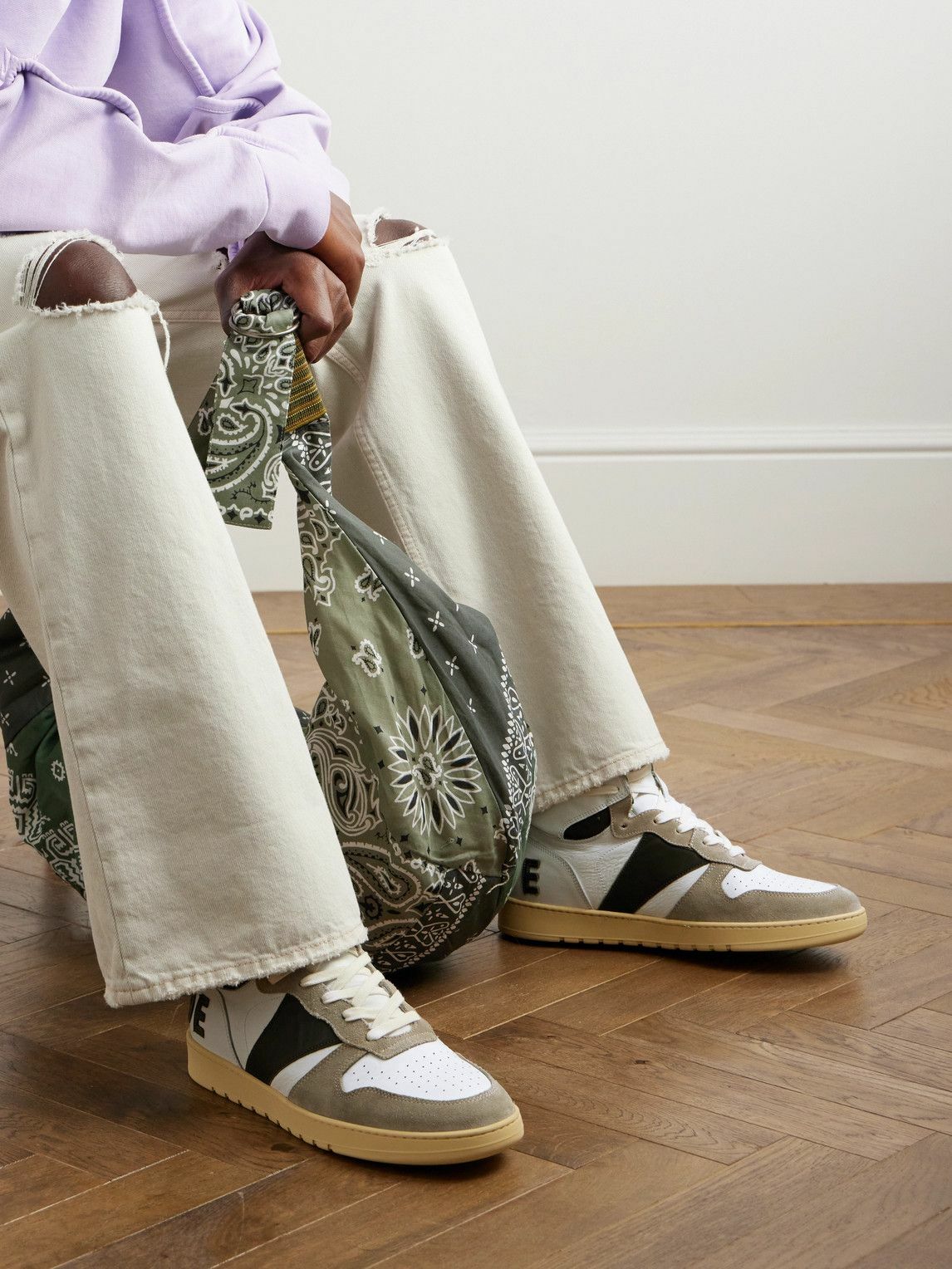 Rhude - Rhecess Colour-Block Distressed Suede-Timmed Leather High-Top Sneakers - White