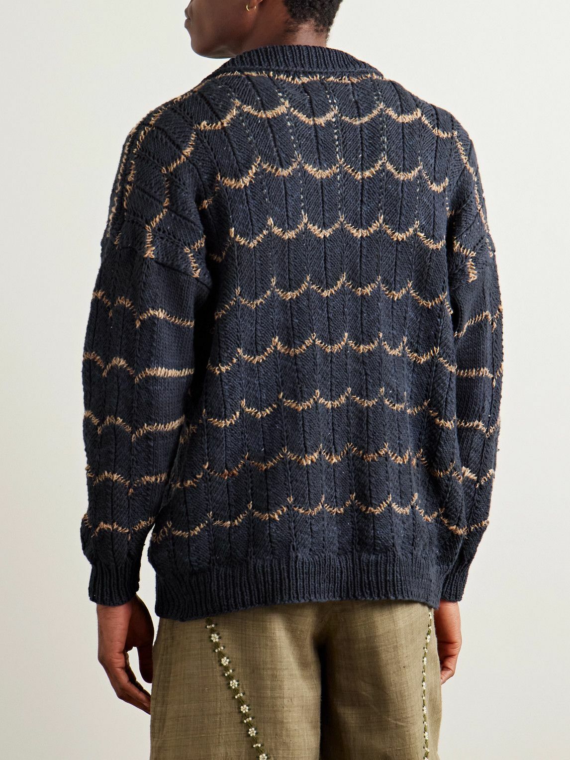 Kartik Research - Open-Knit Intarsia Cotton Polo Shirt - Blue