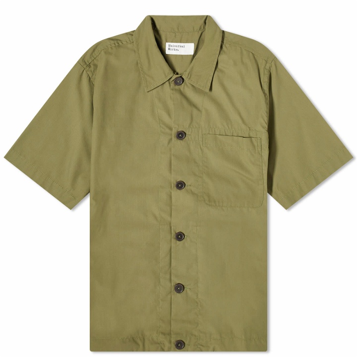 Photo: Universal Works Men's Recycled Poly Short Sleeve Shirt in Olive
