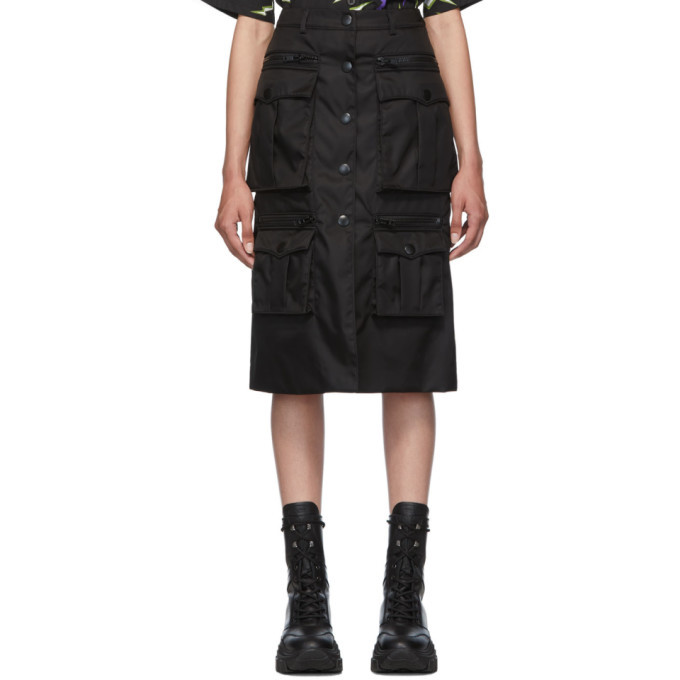 Prada Re Nylon Belted Maxi Skirt Nylon Gabardine Logo Black