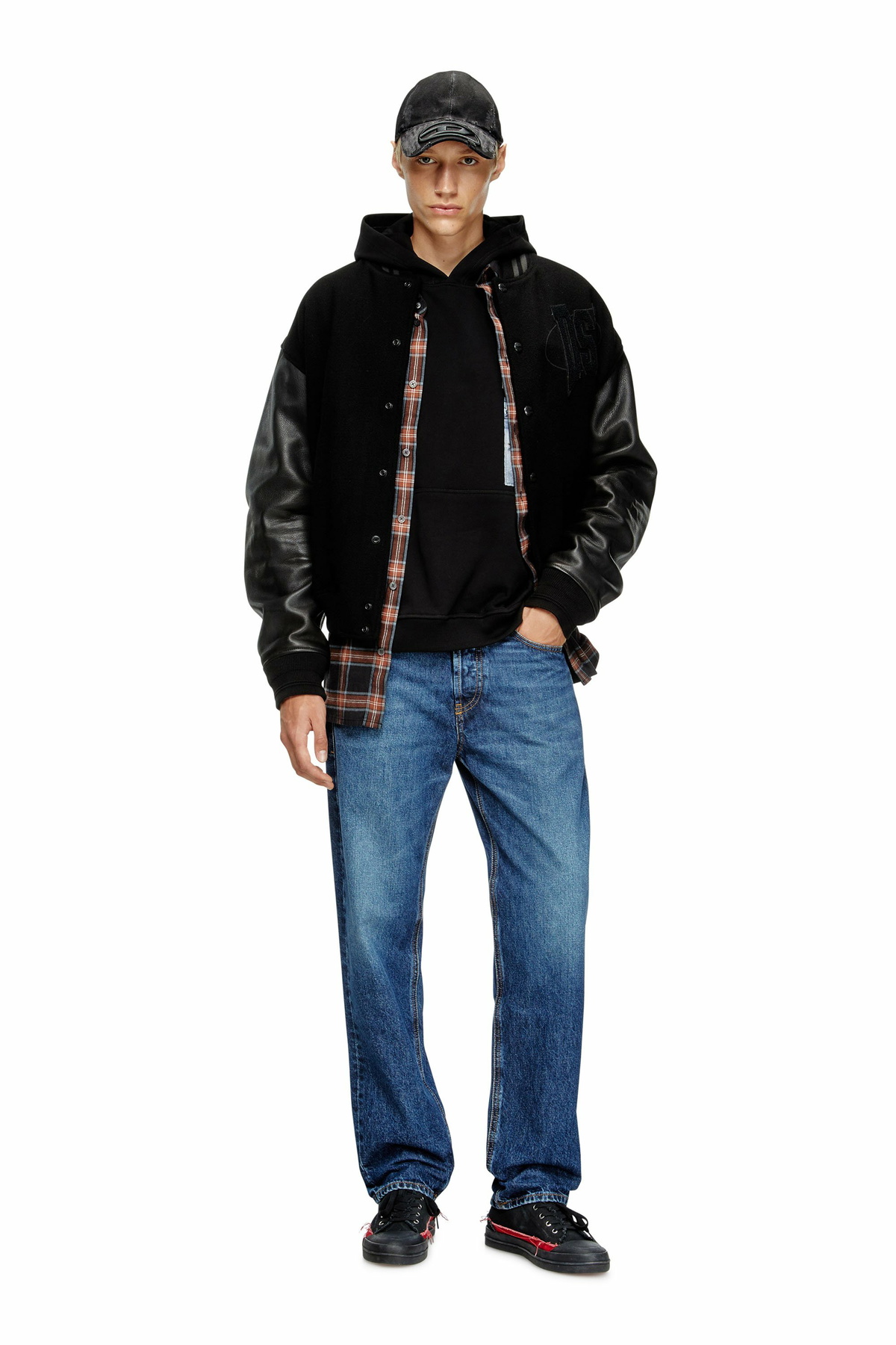Diesel Varsity bomber jacket in cotton and leather - Leather jackets Mens in Black