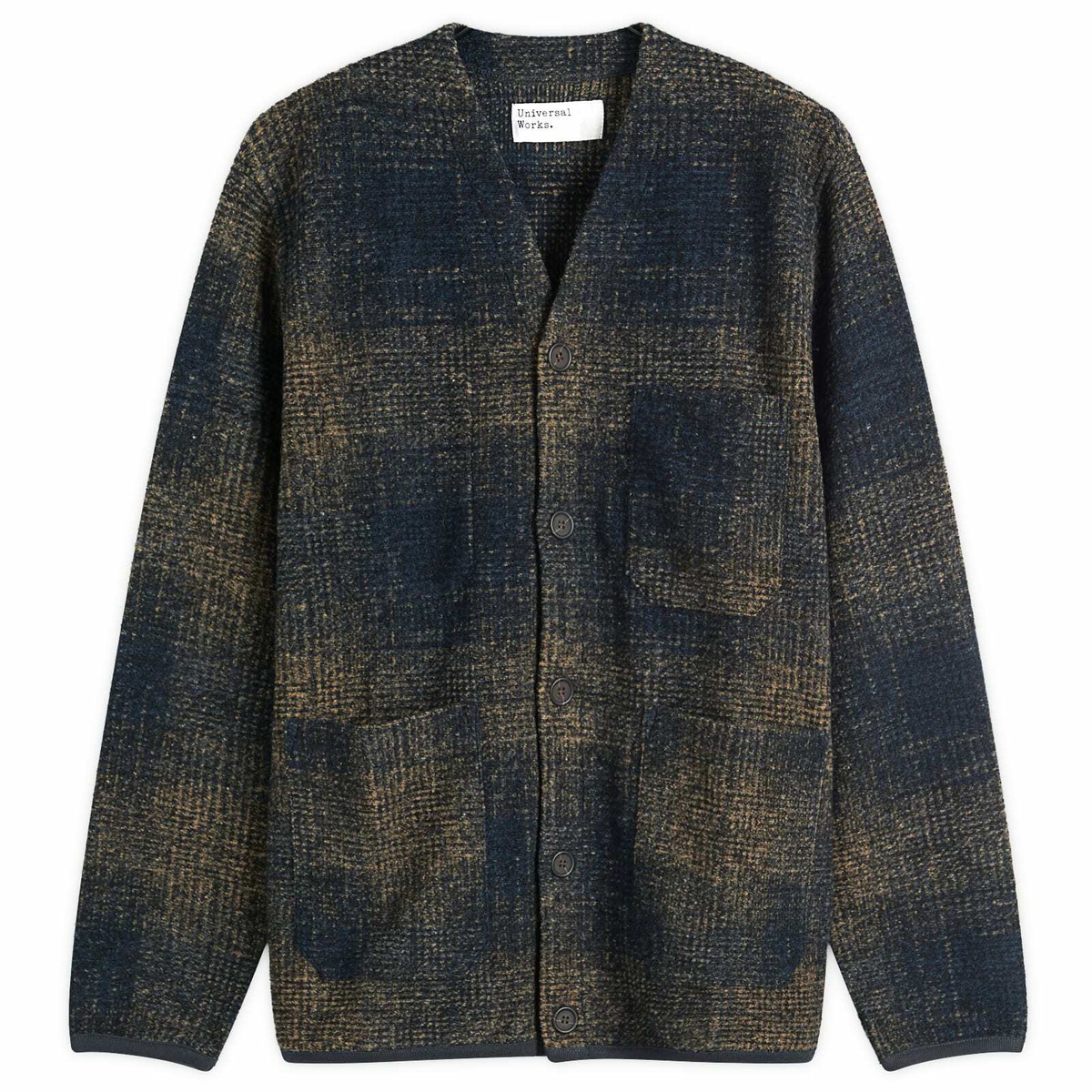 Universal Works Men's Check Wool Fleece Cardigan in Navy/Sand