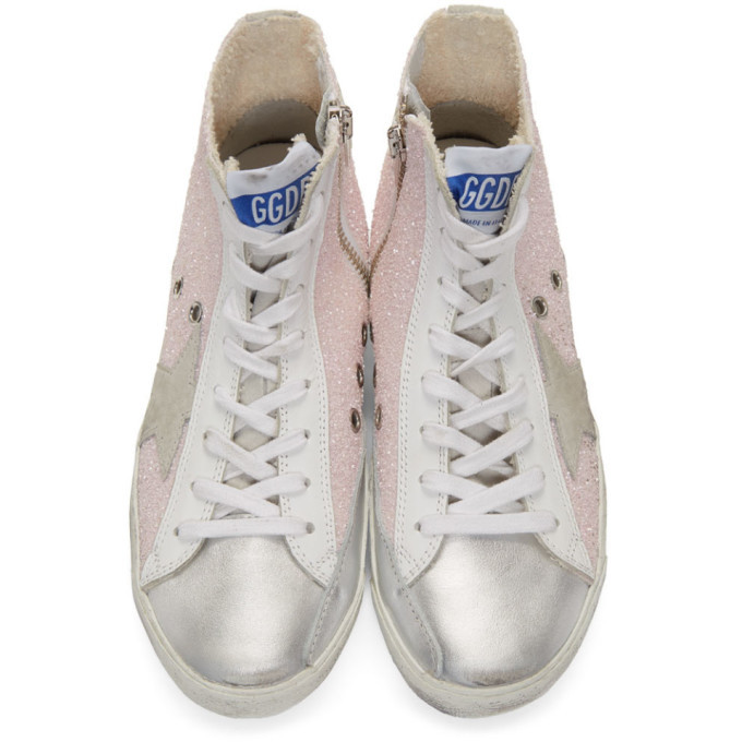 GOLDEN GOOSE フランシ シャニ フリント レスアッフ スニカ Golden Goose Pink Glitter Francy High-Top Sneakers Golden