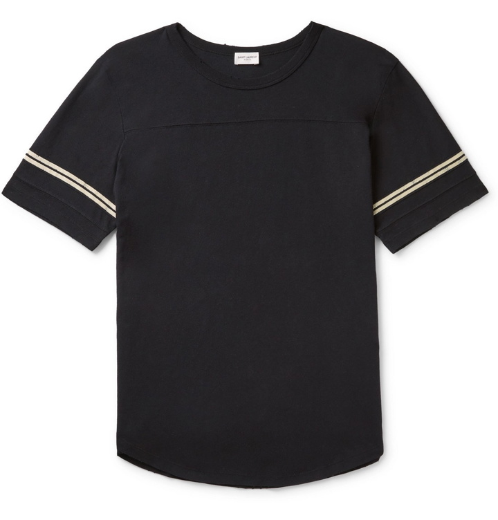 Photo: SAINT LAURENT - Logo-Flocked Stripe-Trimmed Distressed Cotton-Jersey T-Shirt - Black