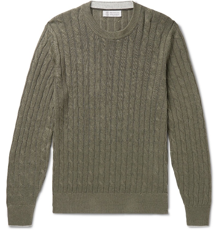 Photo: Brunello Cucinelli - Cable-Knit Linen and Cotton-Blend Sweater - Green