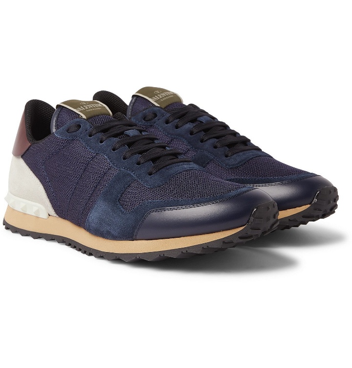 Photo: Valentino - Valentino Garavani Rockrunner Mesh, Leather and Suede Sneakers - Blue