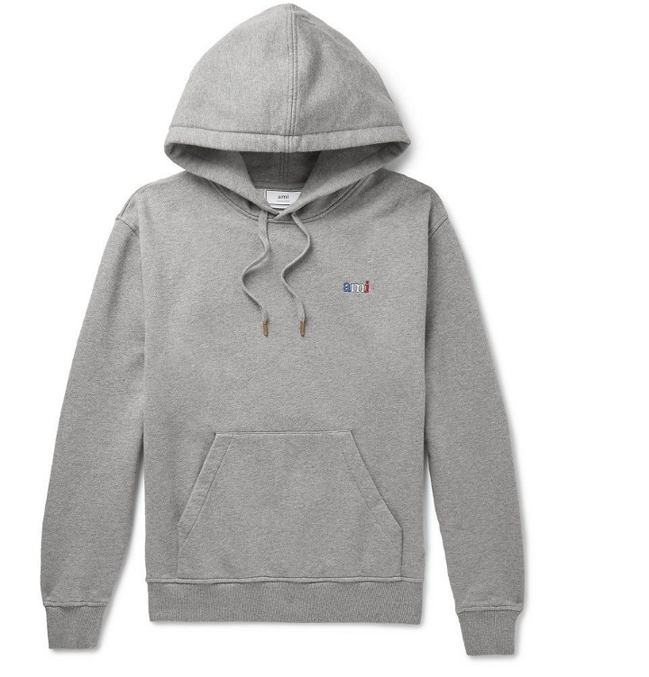 Photo: AMI - Logo-Embroidered Loopback Cotton-Jersey Hoodie - Gray