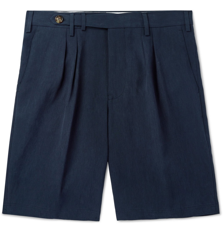 Photo: Brunello Cucinelli - Tapered Pleated Linen Shorts - Blue