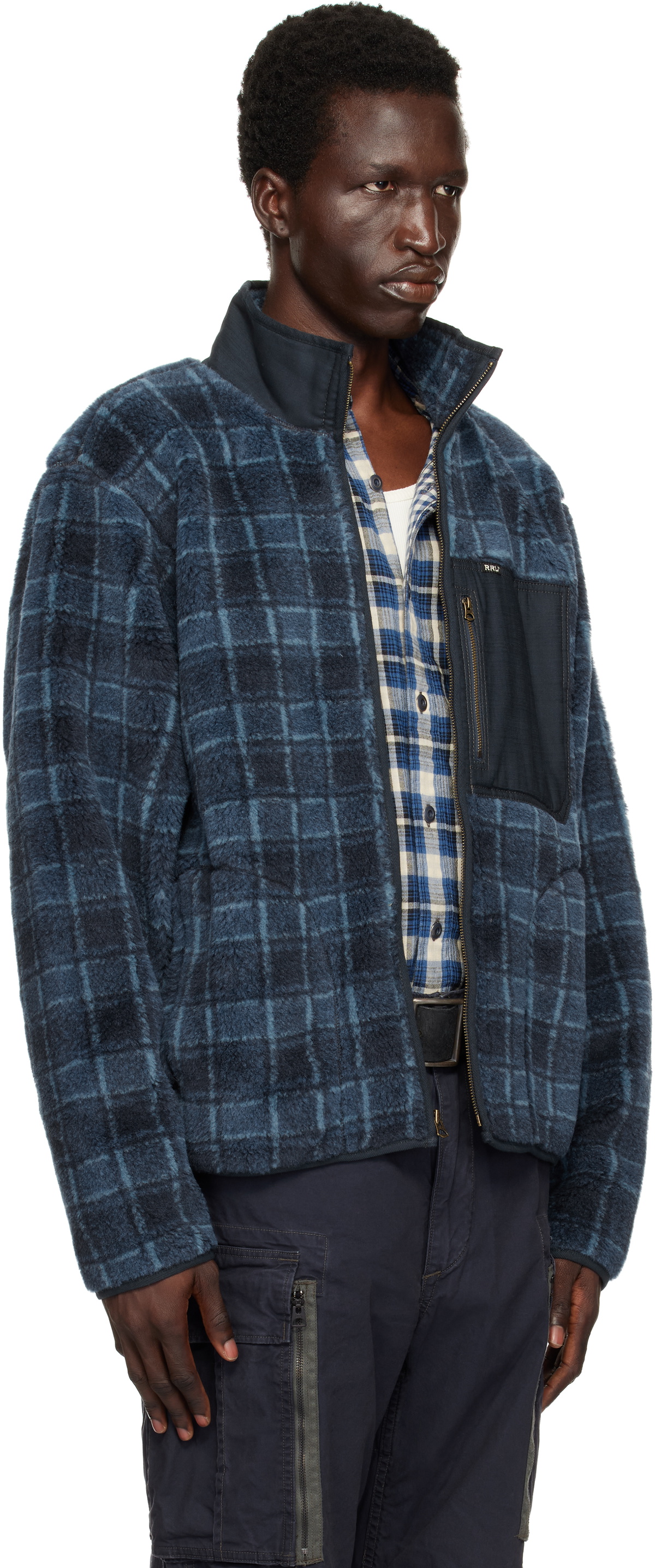 RRL Navy Plaid Wool-Blend Pile Fleece Jacket RRL