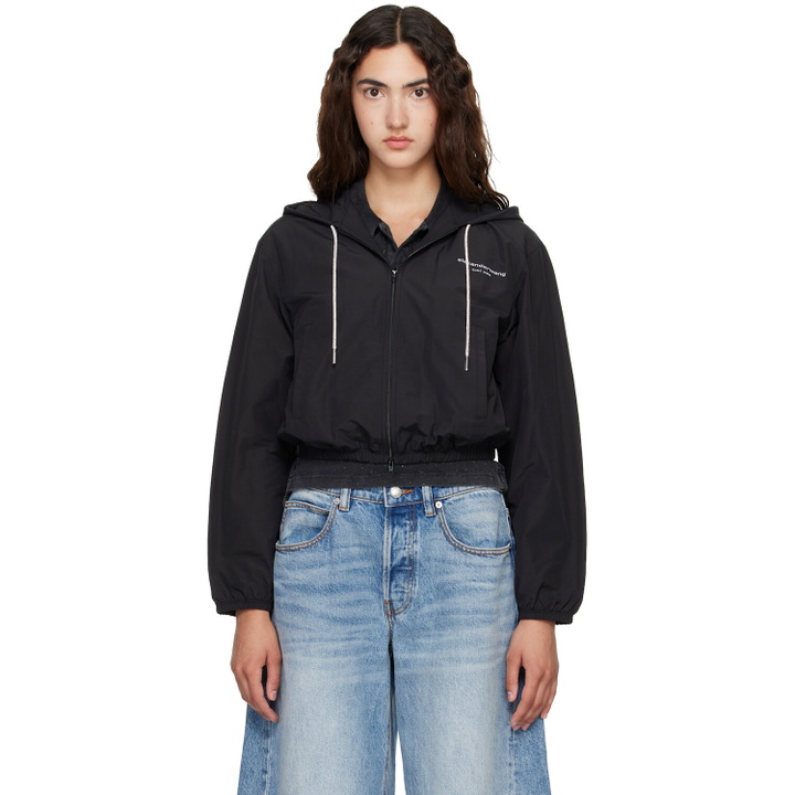 Photo: Alexander Wang Black Crystal Hotfix Drawcord Cropped Zip-Up Hoodie