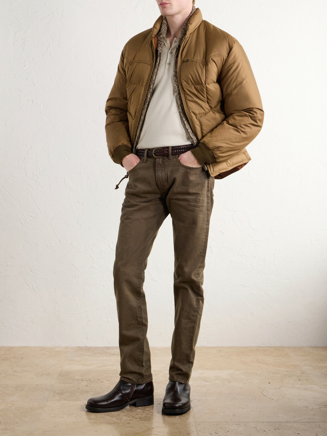 RRL - Leather-Trimmed Quilted Shell Padded Bomber Jacket - Brown