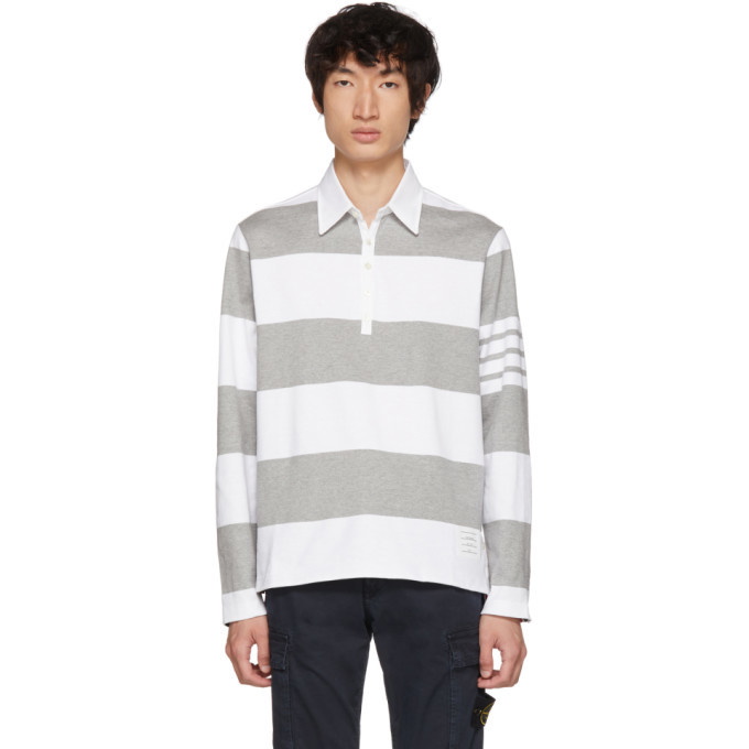 Photo: Thom Browne Grey and White Four Bar Relaxed Polo