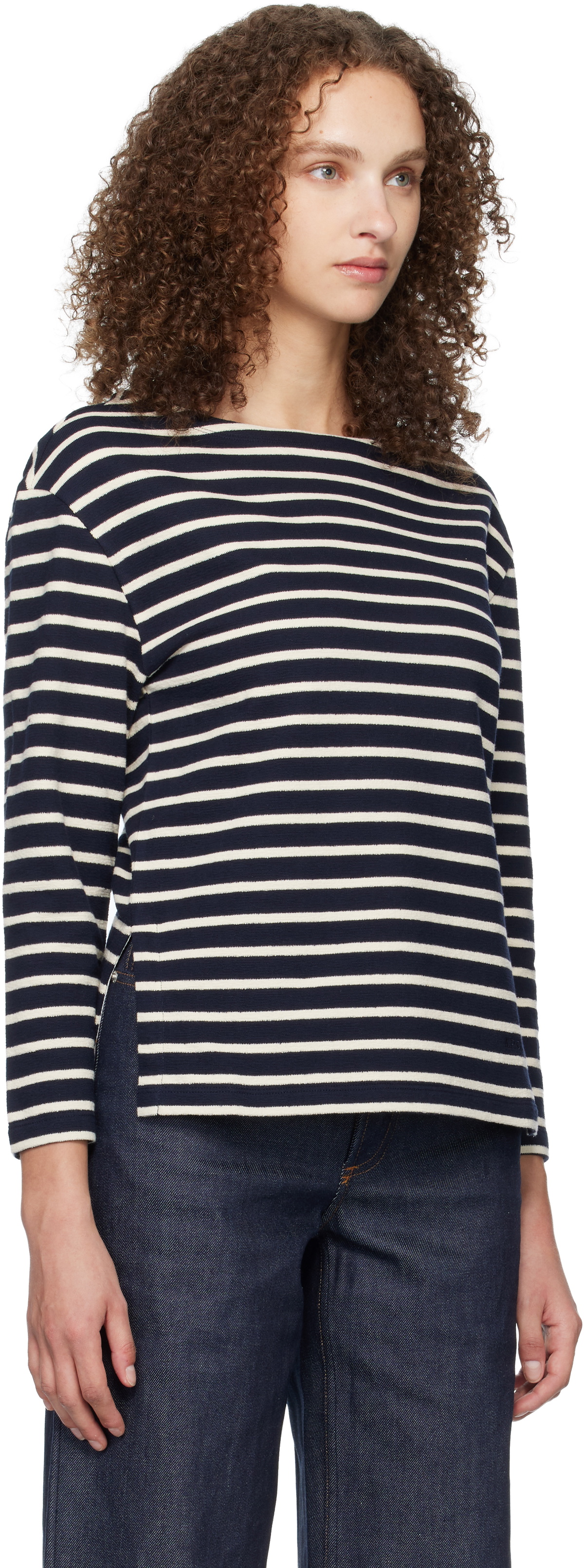 A.P.C. Navy Striped Three-Quarter Sleeve T-shirt