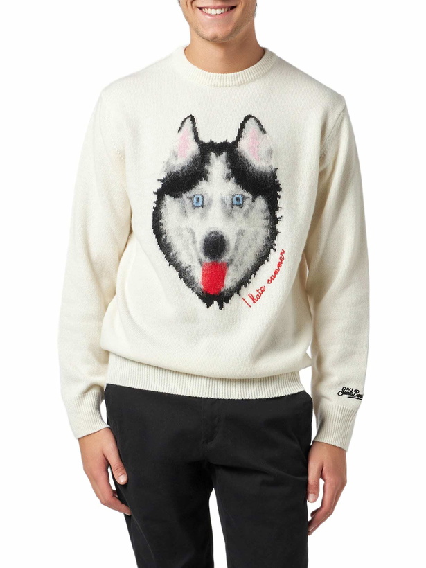 Photo: MC2 Saint Barth Man Sweater With Wolf Print And I Hate Summer Embroidery