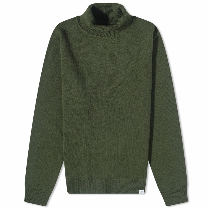Photo: Norse Projects Men's Kirk Merino Lambswool Roll Neck Knit in Army Green
