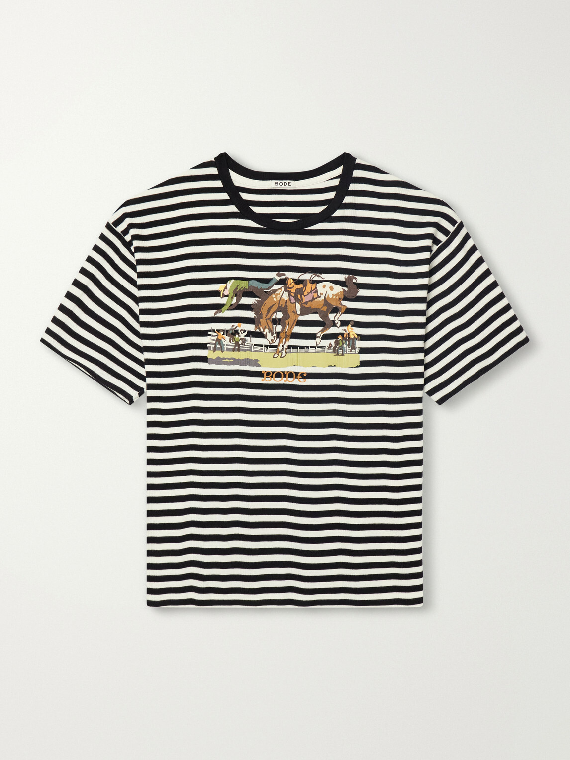BODE - Printed Striped Ribbed Cotton-Jersey T-Shirt - Black