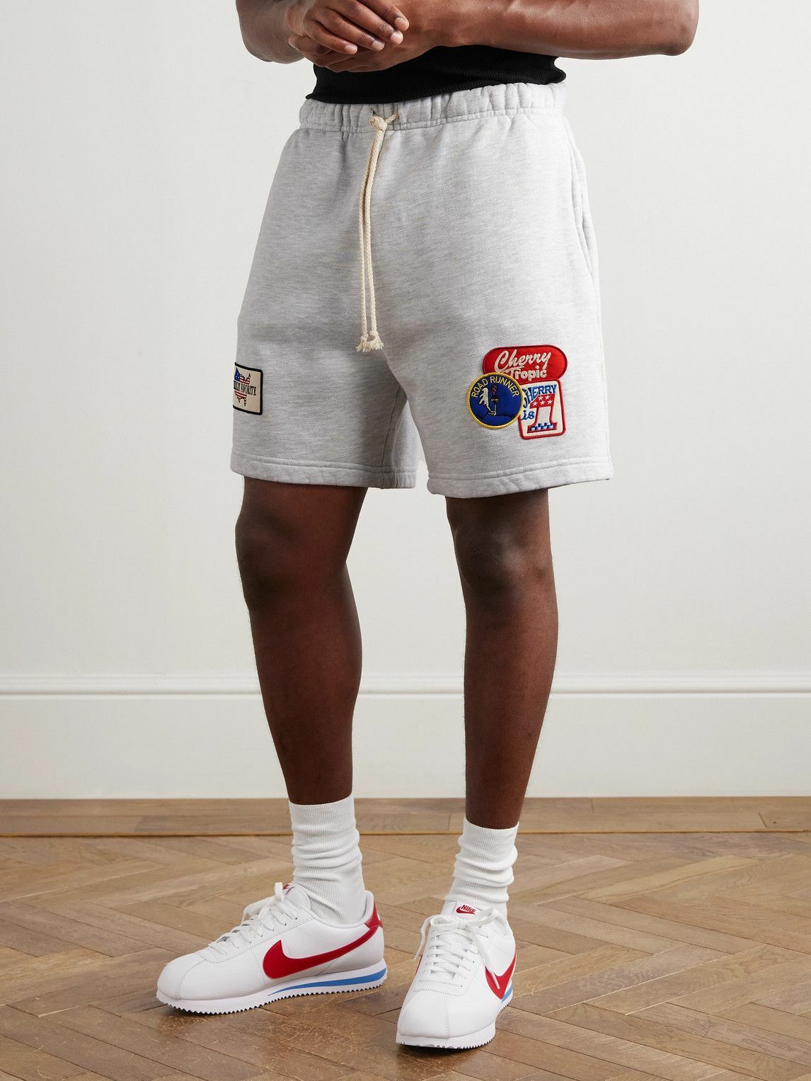 Cherry Los Angeles - Straight-Leg Appliquéd Cotton-Jersey Drawstring Shorts - Gray