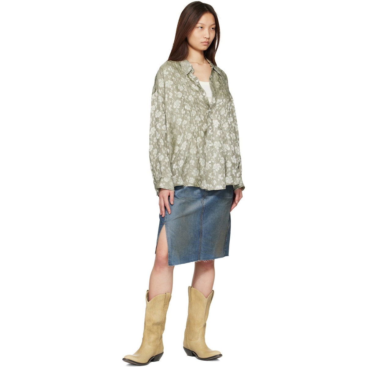 R13 Khaki Pintuck Drop Neck Shirt