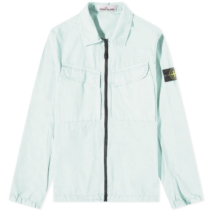 Photo: Stone Island Men's Brushed Cotton Canvas Zip Overshirt in Aqua