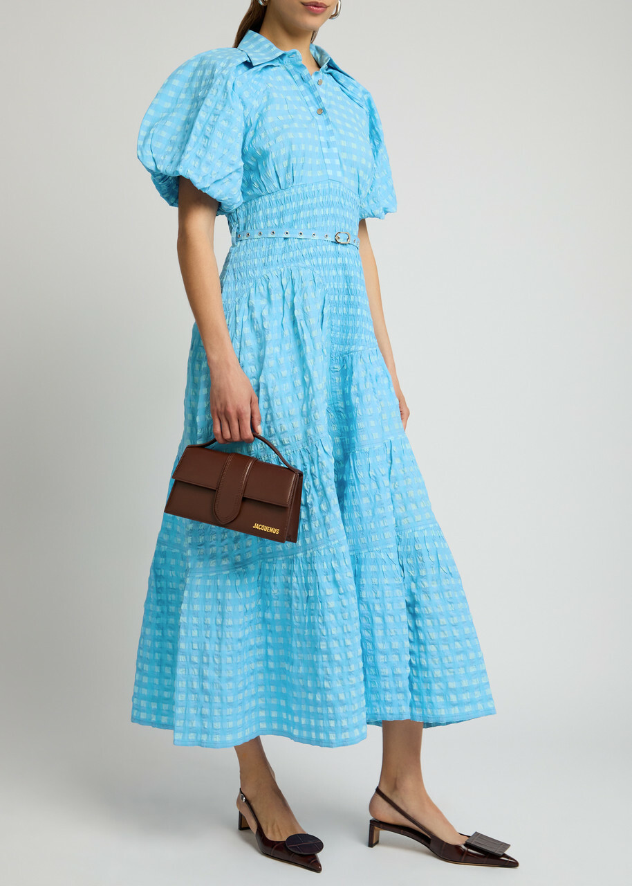 Lovebirds Tatiana Gingham Seersucker Midi Dress Bright Blue