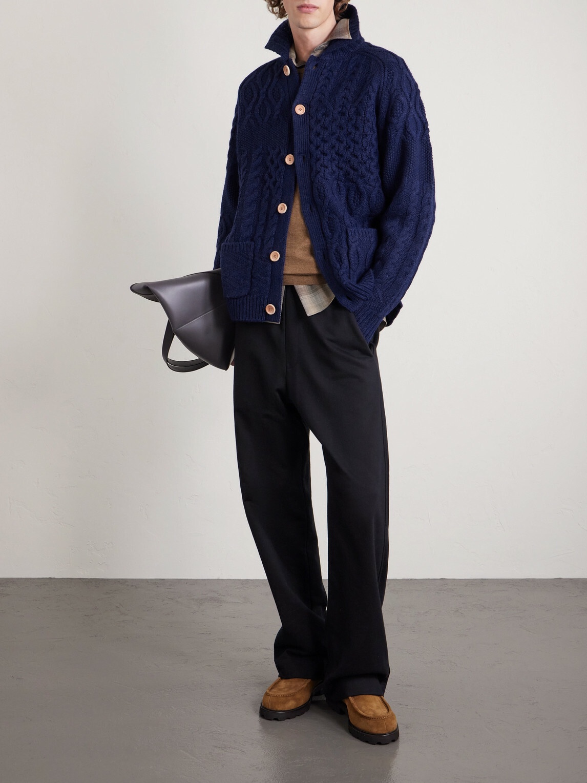Beams Plus - Alan Patchwork Cable-Knit Wool Cardigan - Blue