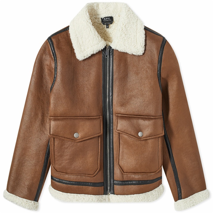 Photo: A.P.C. Tommy Faux Sheepskin Flight Jacket in Icy Brown