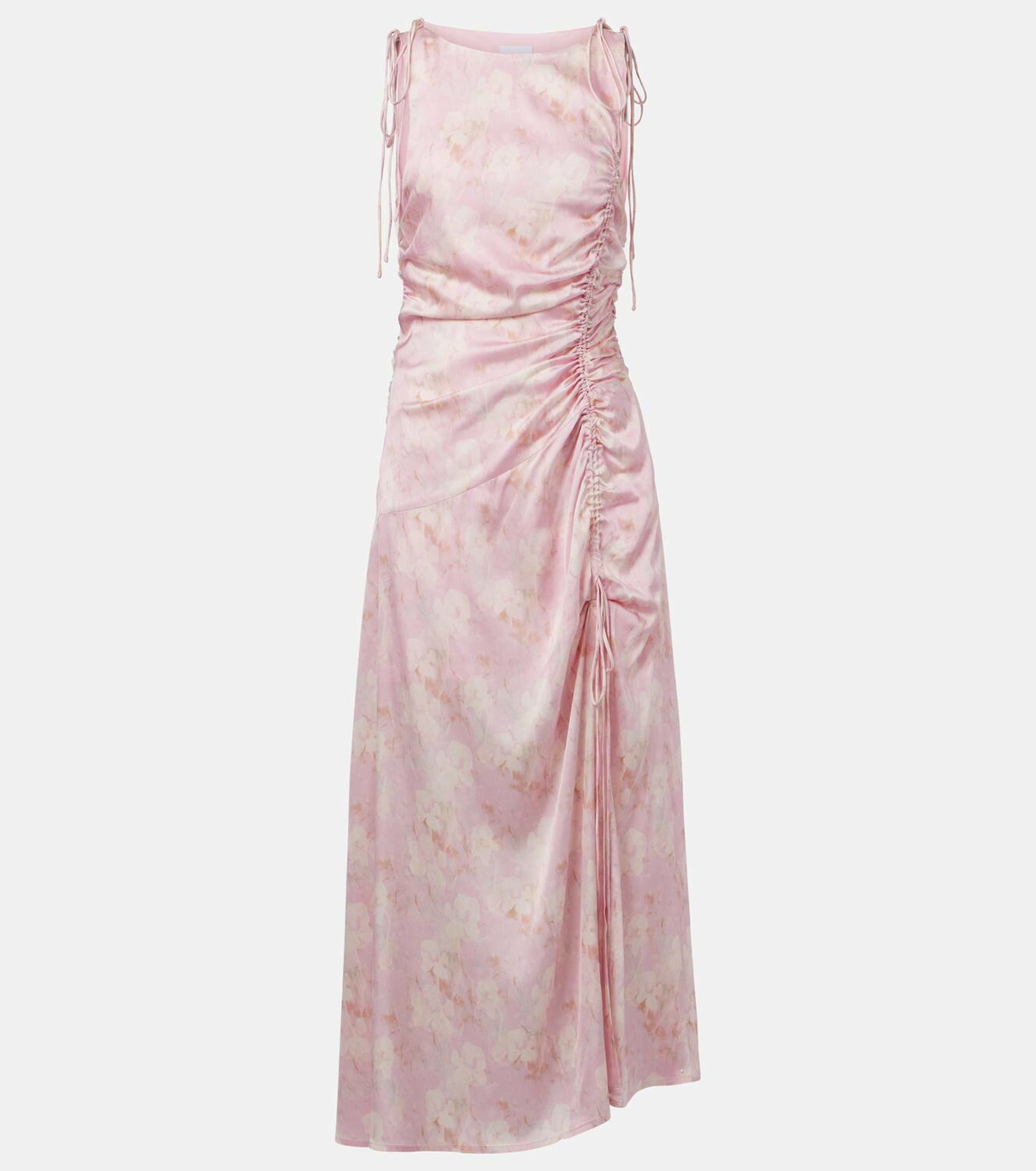 ganni ruched floral-print stretch-silk satin midi dress Ruched asymmetric printed recycled-satin midi dress - light blue