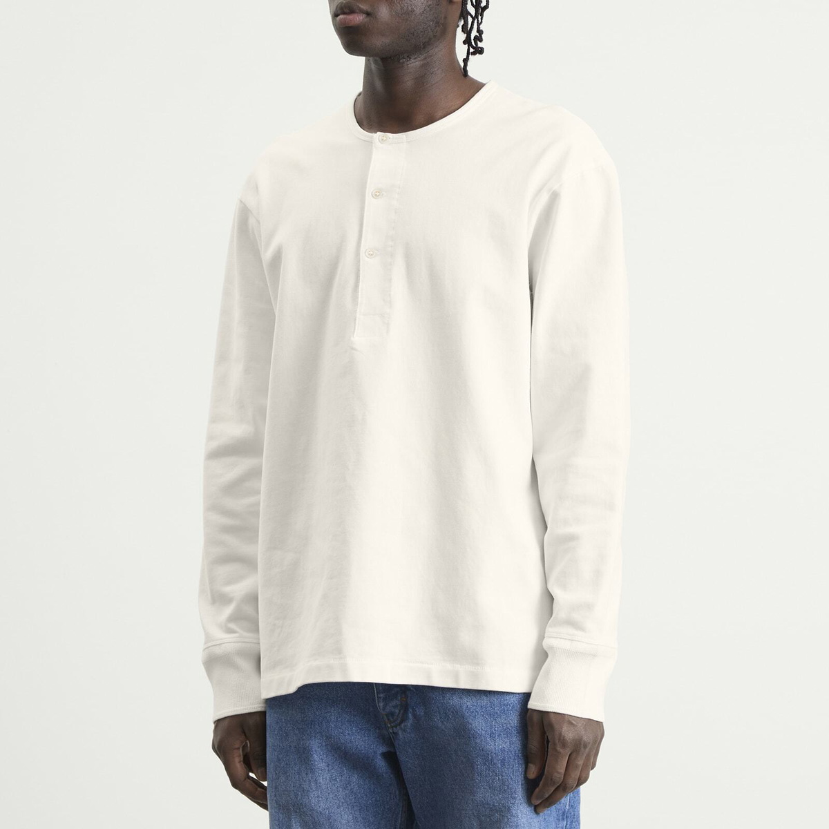 Studio Nicholson Men's Kuyto Cotton Long Sleeve Henley in Parchment
