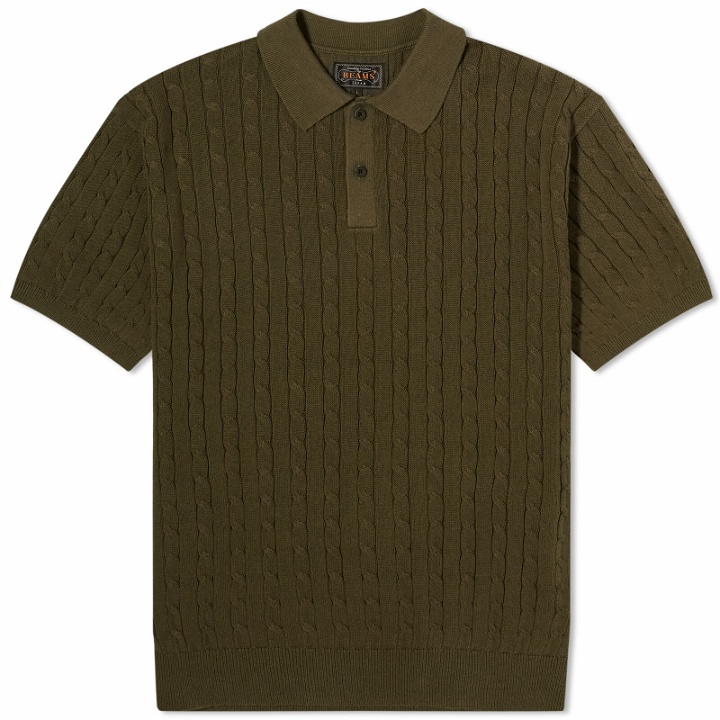 Photo: Beams Plus Men's Cable Knit Polo Shirt in Olive