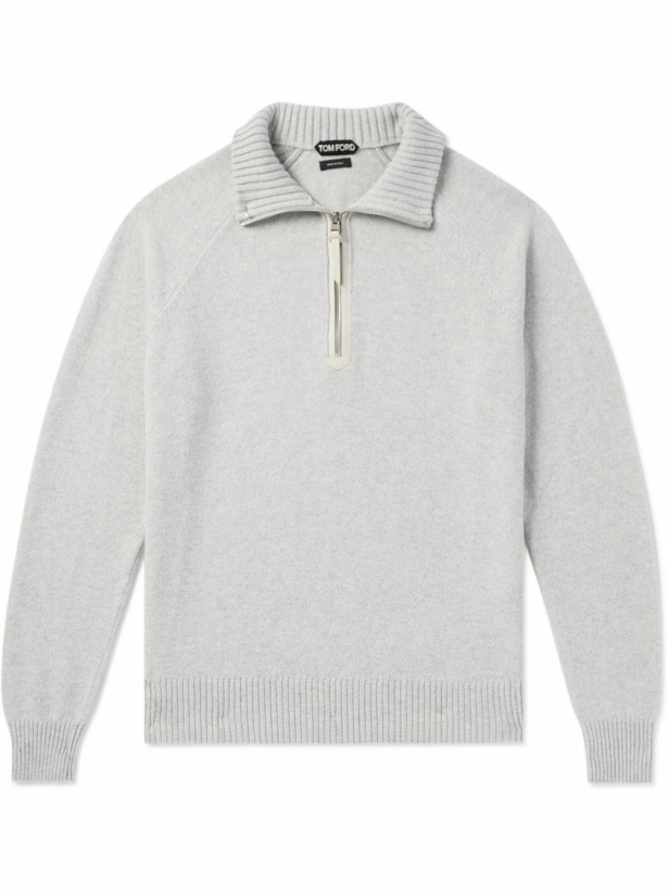 Photo: TOM FORD - Slim-Fit Leather-Trimmed Wool and Cashmere-Blend Half-Zip Sweater - Gray