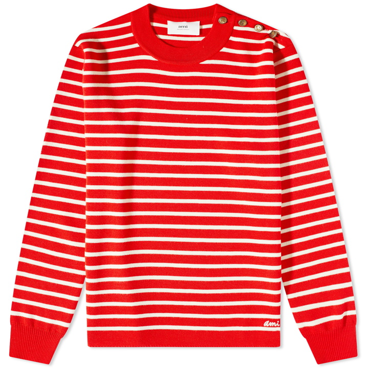 Photo: AMI Men's Striped Crew Knit in Scarlet Red/White