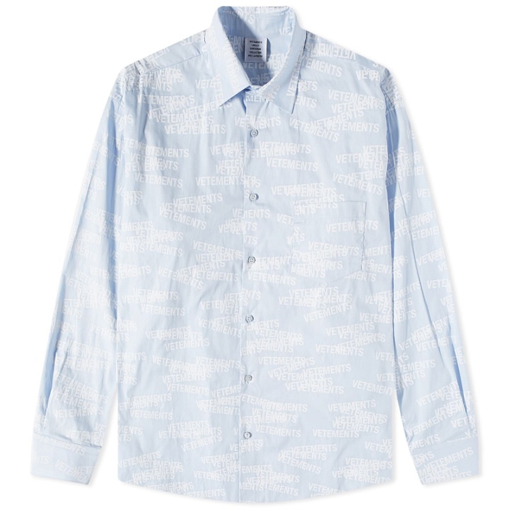 Photo: Vetements Men's Stamped Logo Shirt in Baby Blue/White