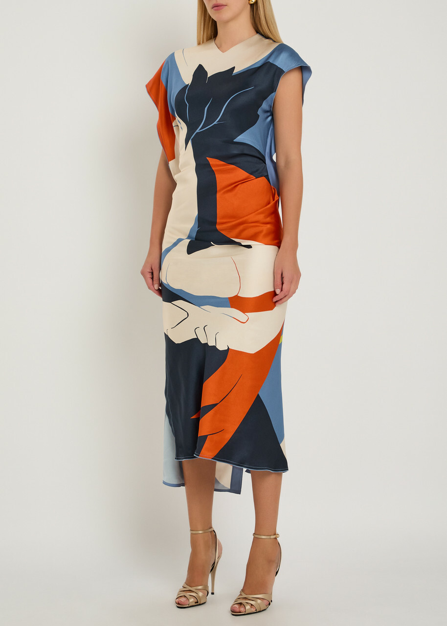 Victoria Beckham Victoria Printed Draped Satin Midi Dress Multicoloured