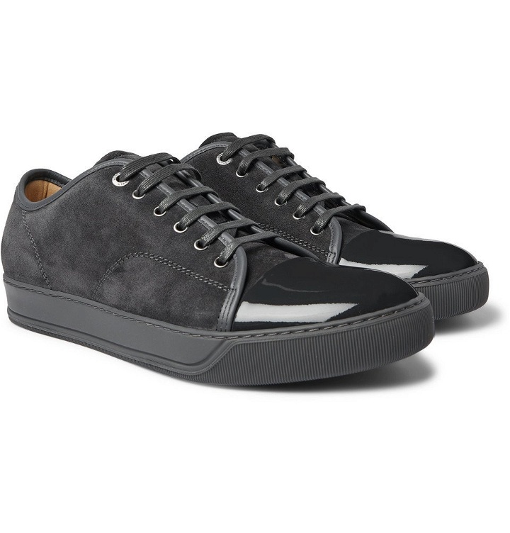 Photo: Lanvin - Cap-Toe Suede and Patent-Leather Sneakers - Gray