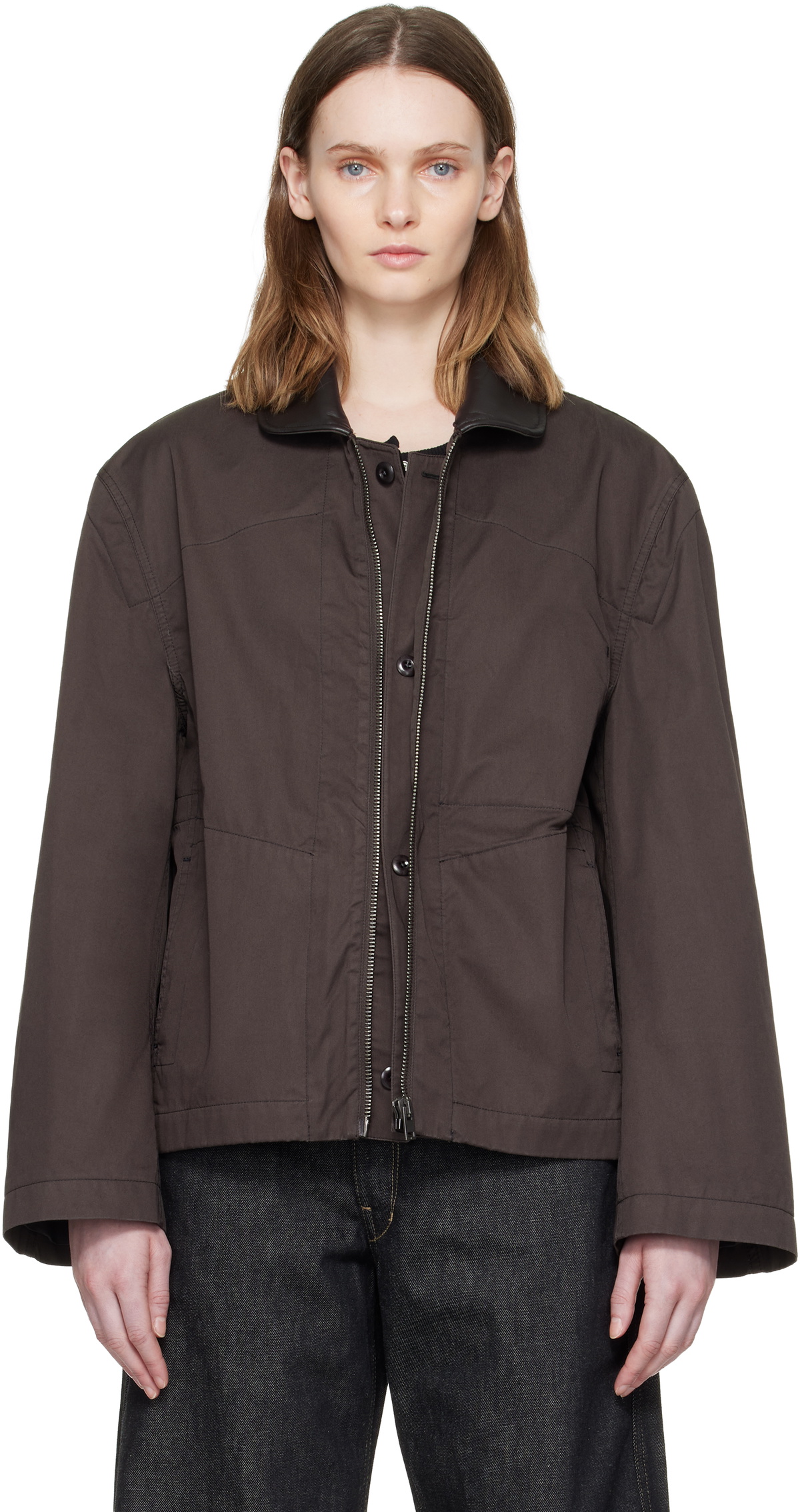 LEMAIRE Brown Leather Collar Cotton Twill Blouson Jacket