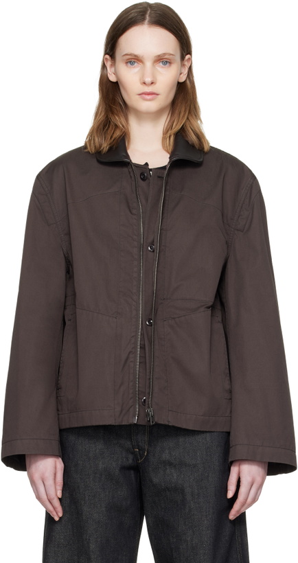 Photo: LEMAIRE Brown Leather Collar Cotton Twill Blouson Jacket