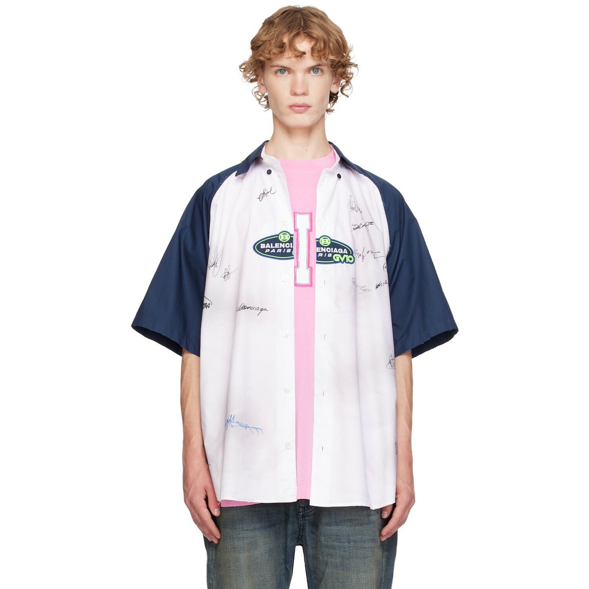 Balenciaga White & Navy Logos S/S Raglan Shirt