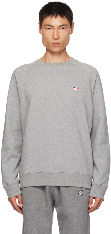 Photo: Maison Kitsuné Gray Tricolor Fox Patch Sweatshirt