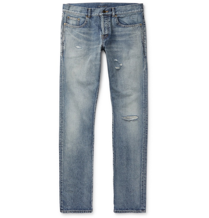 Photo: SAINT LAURENT - Slim-Fit Distressed Denim Jeans - Blue