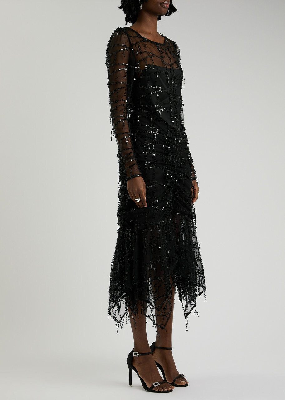Paris Georgia Bianca Fringed Tulle Midi Dress Black